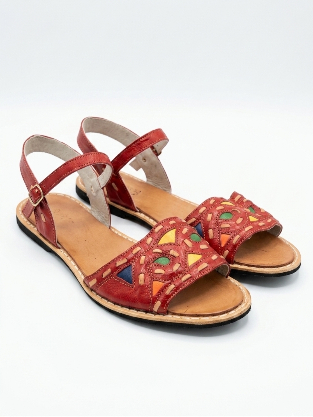 ​Maria Bonita Red Leather Sandals 8 Boho Colorful Cutout Slingback Brazil